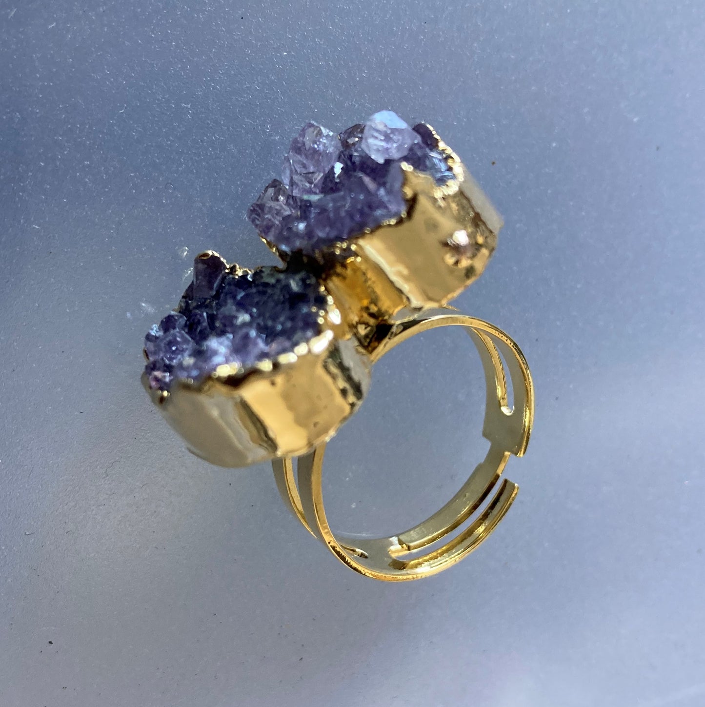 Adjustable Double Butterfly Amethyst Druzy Ring
