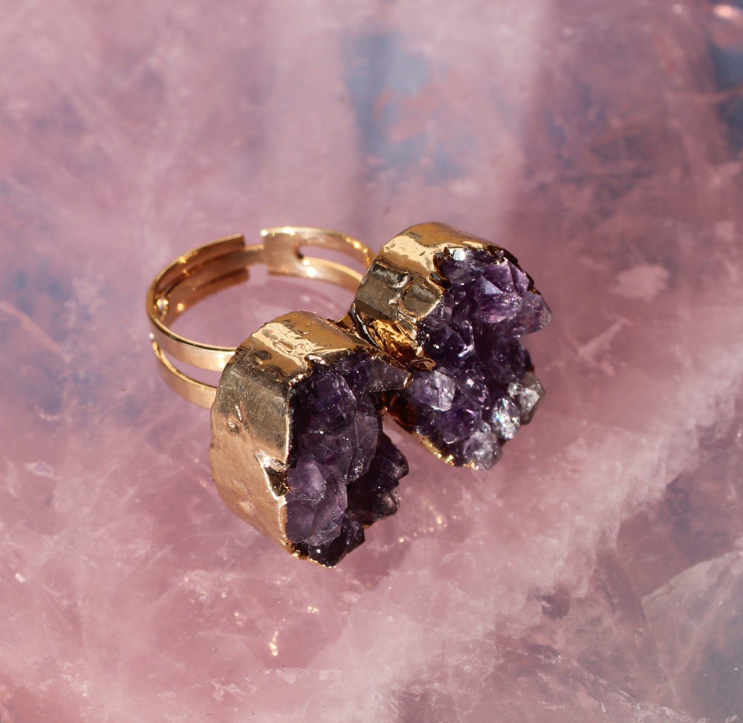 Adjustable Double Butterfly Amethyst Druzy Ring
