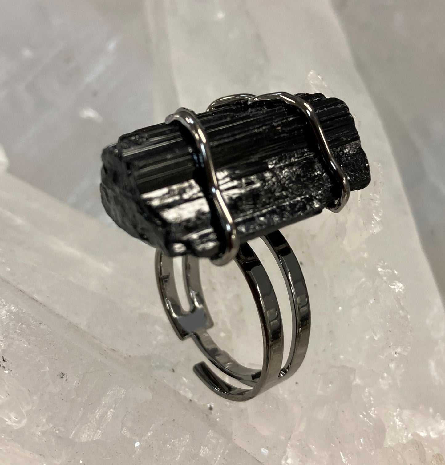 Adjustable Wire-Wrapped Black Tourmaline Ring