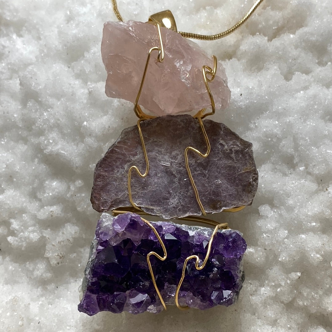 Trilogy 3 stone Quartz Cluster, Black Tourmaline, Kyanite Pendant with chain