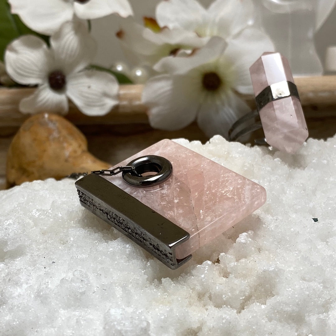 Rose Quartz Box Chain Necklace w/ Cubic Zirconia