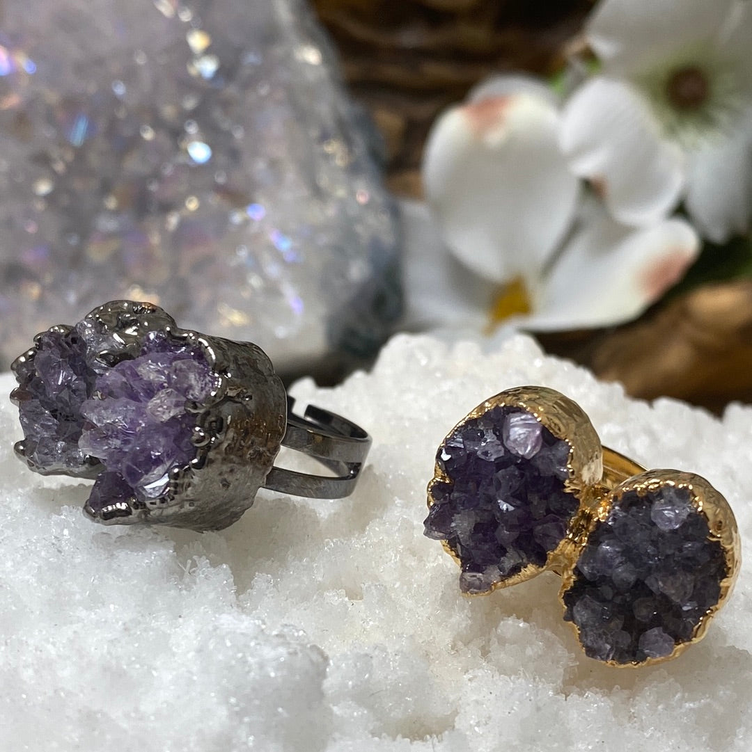 Adjustable Double Butterfly Amethyst Druzy Ring