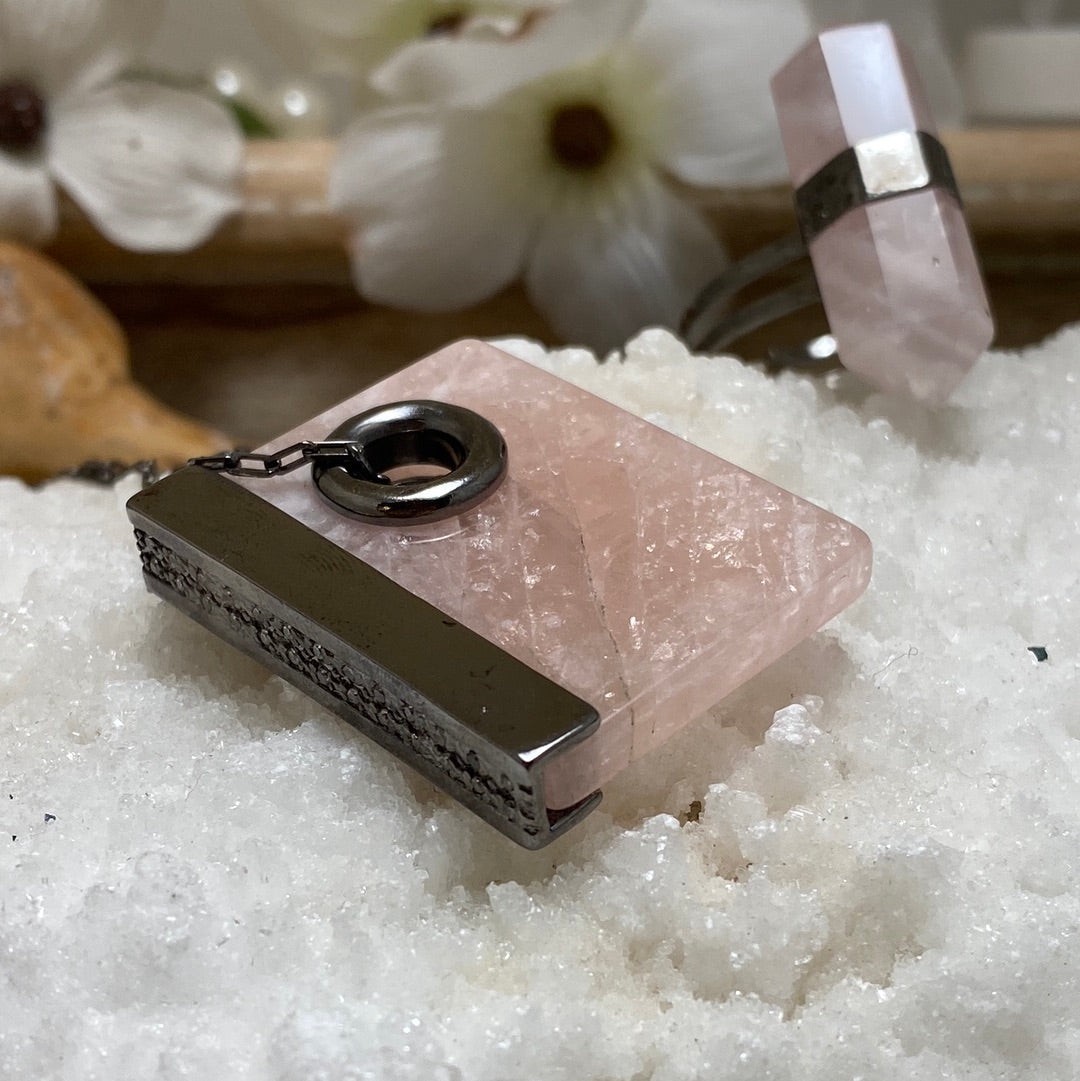 Rose Quartz Box Chain Necklace w/ Cubic Zirconia