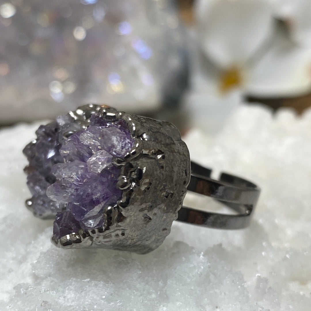 Adjustable Double Butterfly Amethyst Druzy Ring