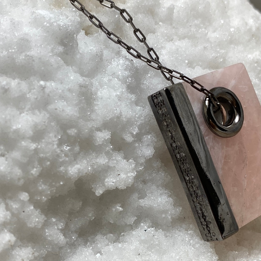 Rose Quartz Box Chain Necklace w/ Cubic Zirconia