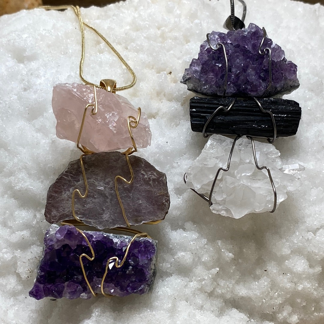 Trilogy 3 stone Quartz Cluster, Black Tourmaline, Kyanite Pendant with chain