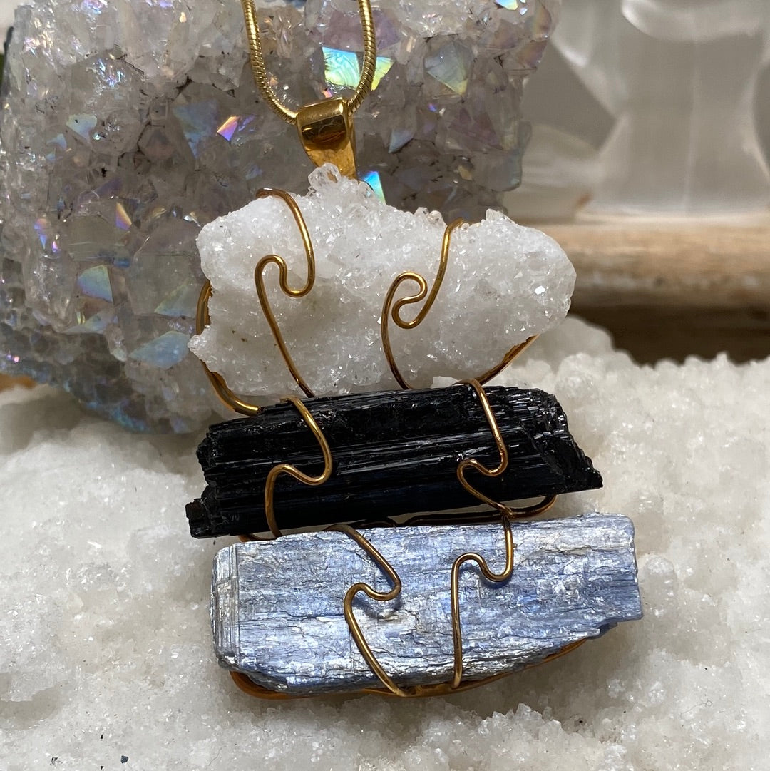 Trilogy 3 stone Quartz Cluster, Black Tourmaline, Kyanite Pendant with chain