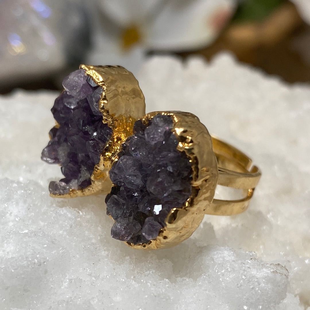 Adjustable Double Butterfly Amethyst Druzy Ring