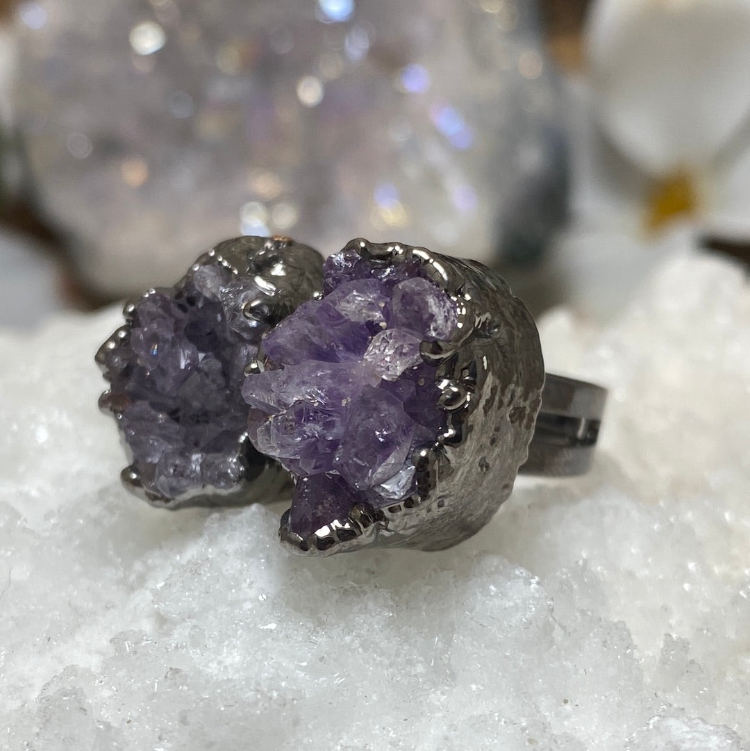 Adjustable Double Butterfly Amethyst Druzy Ring