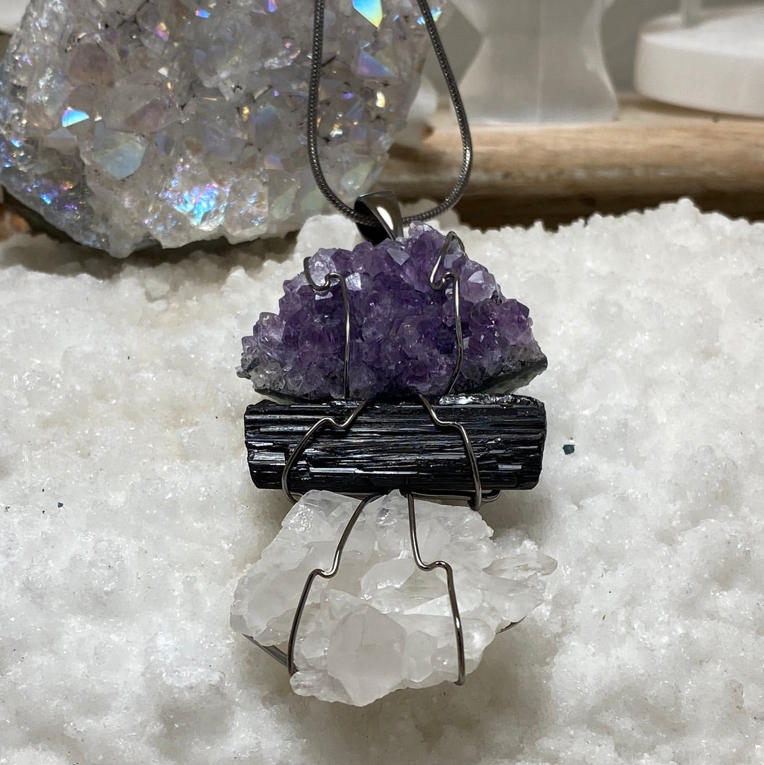 Trilogy 3 stone Quartz Cluster, Black Tourmaline, Kyanite Pendant with chain