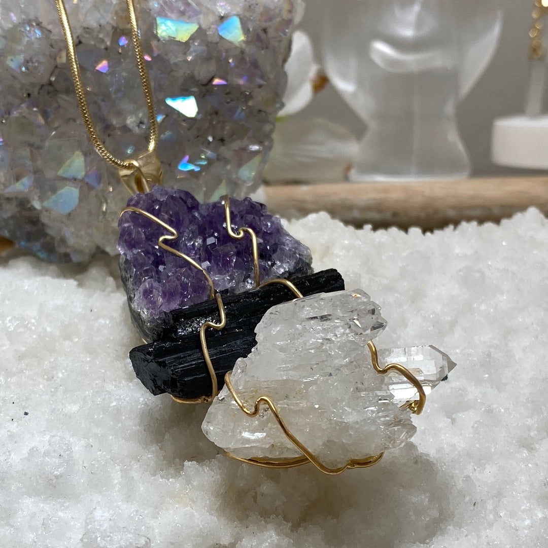 Trilogy 3 stone Quartz Cluster, Black Tourmaline, Kyanite Pendant with chain