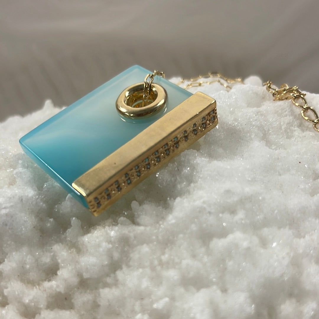Blue Agate Book Chain Necklace w/ Cubic Zirconia