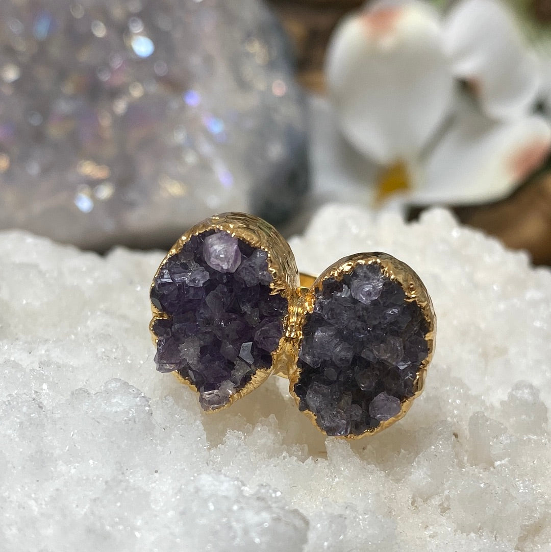 Adjustable Double Butterfly Amethyst Druzy Ring