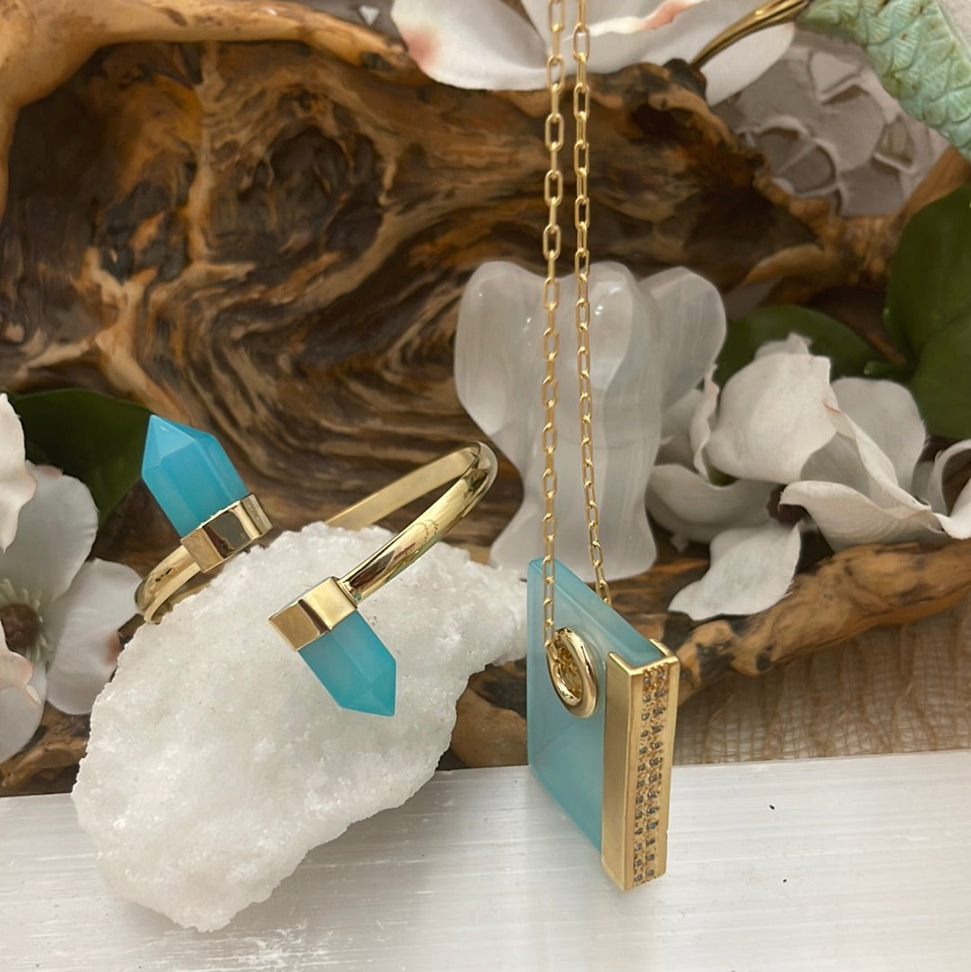 Blue Agate Book Chain Necklace w/ Cubic Zirconia