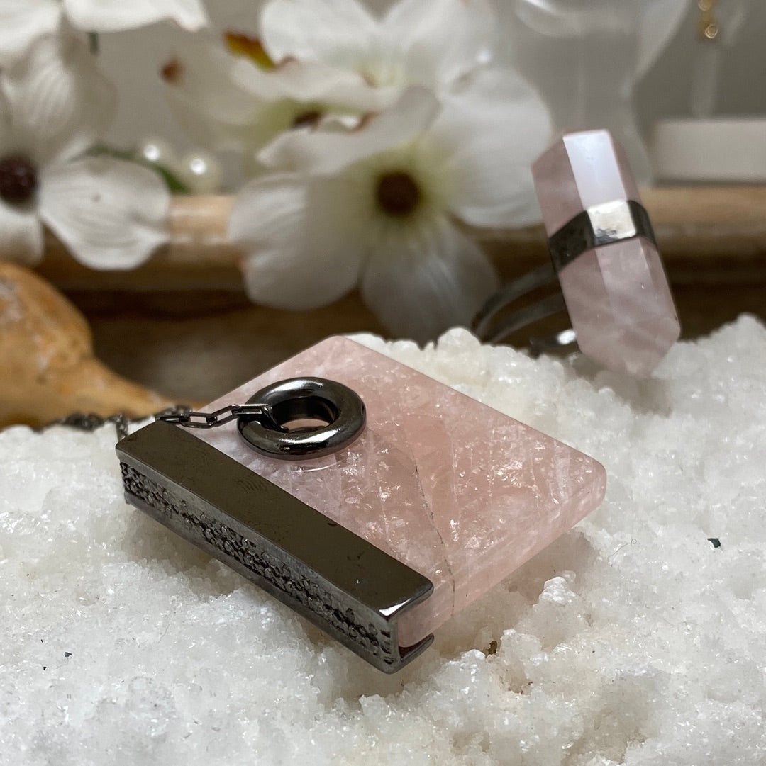 Rose Quartz Box Chain Necklace w/ Cubic Zirconia