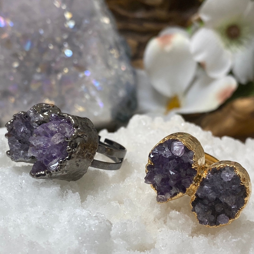 Adjustable Double Butterfly Amethyst Druzy Ring