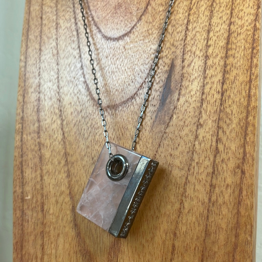 Blue Agate Book Chain Necklace w/ Cubic Zirconia