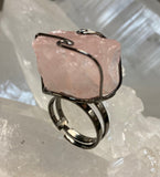 Adjustable Wire-Wrapped Rose Quartz Ring