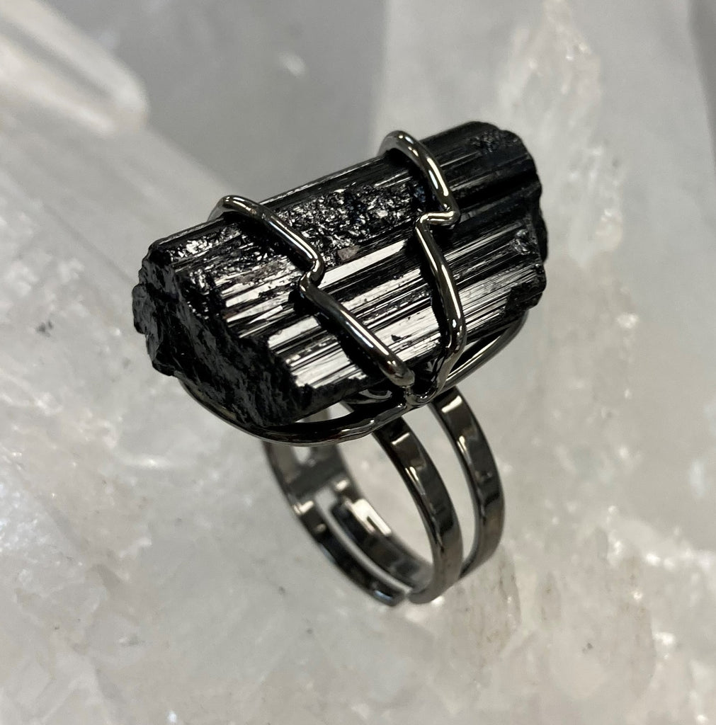 Adjustable Wire-Wrapped Black Tourmaline Ring