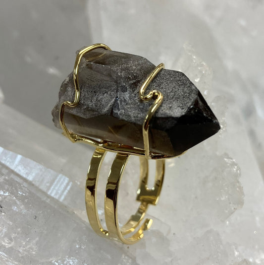 Adjustable Wire- Wrapped Smoky Quartz Cluster Ring