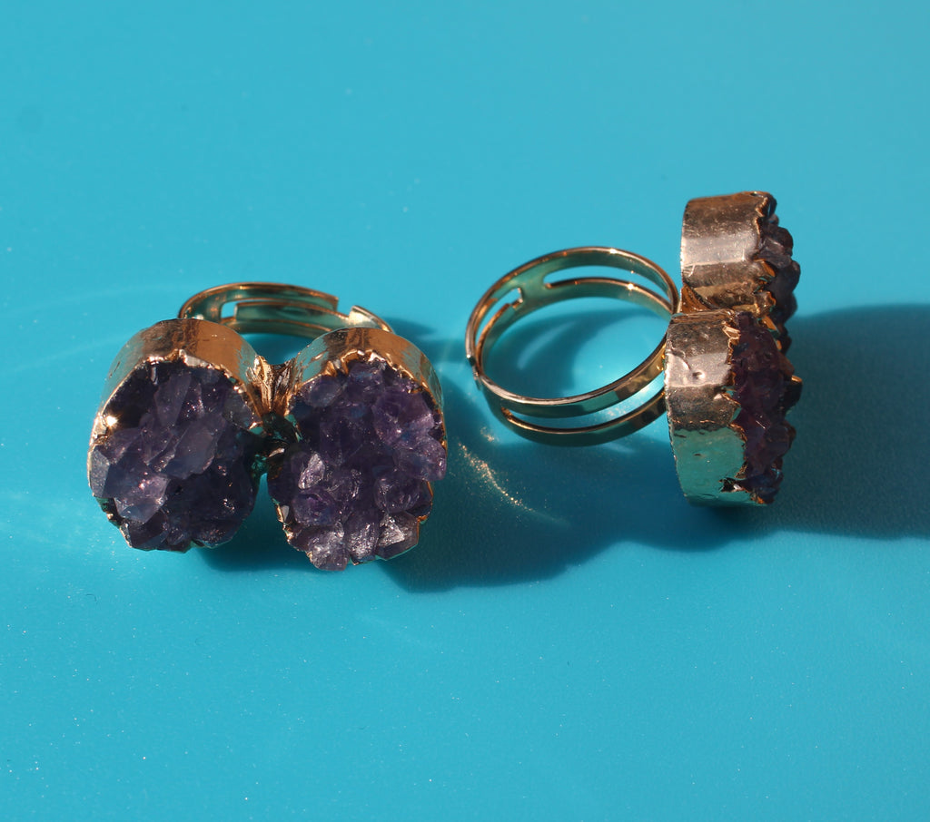 Adjustable Double Butterfly Amethyst Druzy Ring