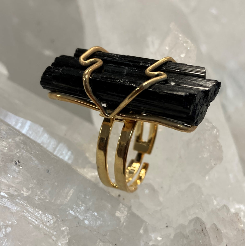 Adjustable Wire-Wrapped Black Tourmaline Ring