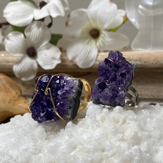 Wire-wrapped Adjustable Amethyst Druzy Ring