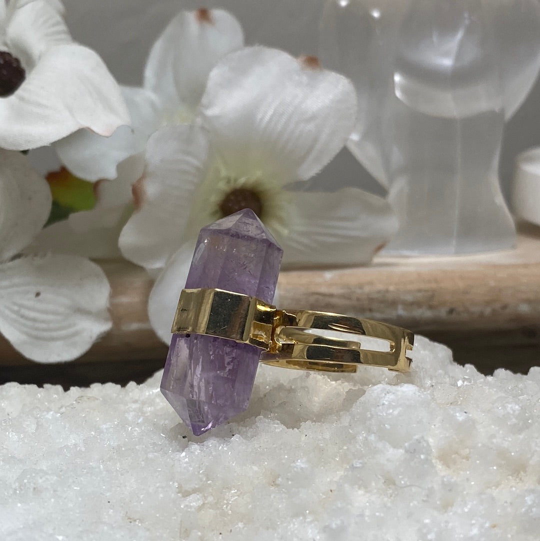 Polished Double Terminated Adjustable Amethyst Ring
