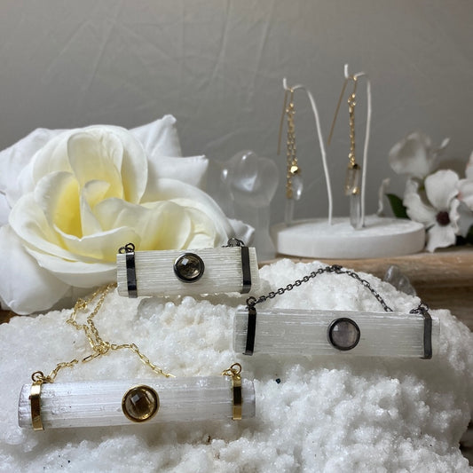 Selenite Rod & Smokey Quartz Necklace