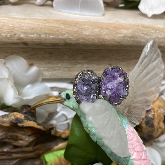 Adjustable Double Butterfly Amethyst Druzy Ring