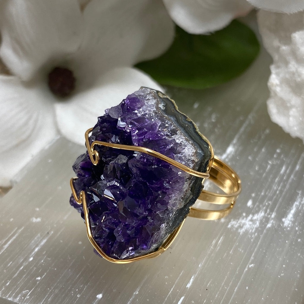 Wire-wrapped Adjustable Amethyst Druzy Ring