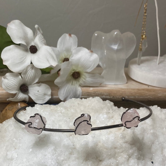 Triple Rose Quartz Rough Cuff Choker Necklace