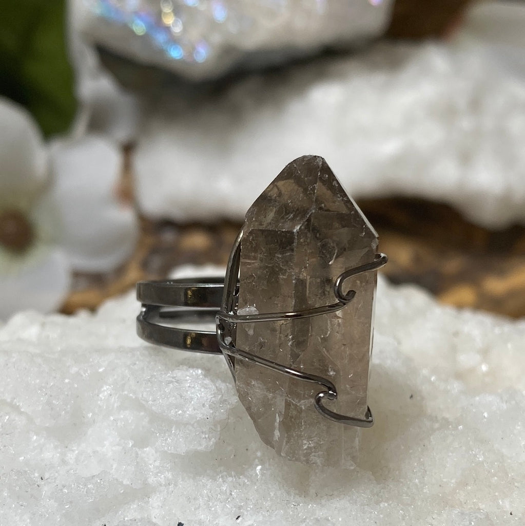 Adjustable Wire- Wrapped Smoky Quartz Cluster Ring