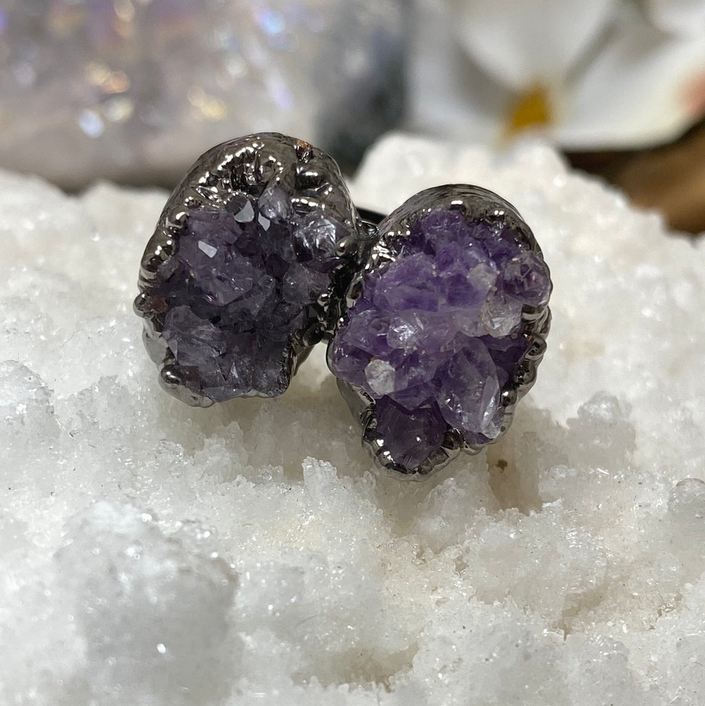 Adjustable Double Butterfly Amethyst Druzy Ring