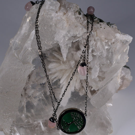 Blue Agate,Tree of Life Necklace w/ Rose Quartz